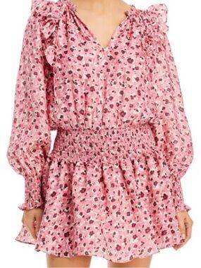 Ramy Brook Pink Floral Smocked Waist Dress with Ruffle Details